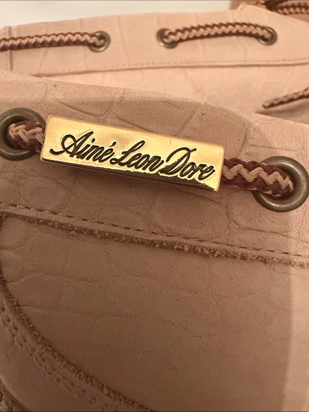 Aime Leon Dore Beige Croc-Embossed Boat Shoes with Brown Braided Laces